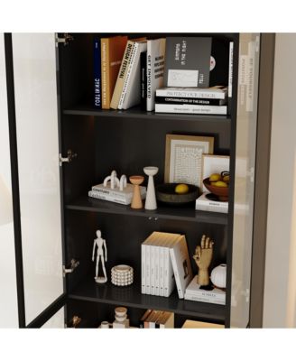 Display Cabinet with 4 Glass Doors and Lights, 5-Tier Storage Shelves, Bookcases & Shelves