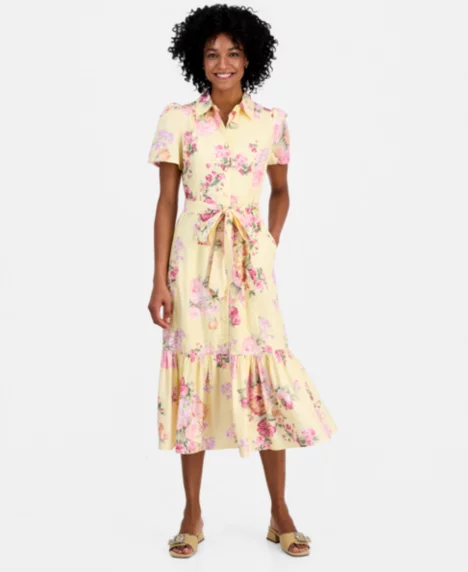Petite Collared Neck Tiered Shirt-Dress - Daffodil Multi