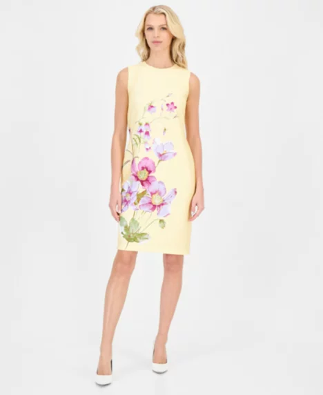 Petite Sleeveless Printed Sheath Dress - Daffodil Multi