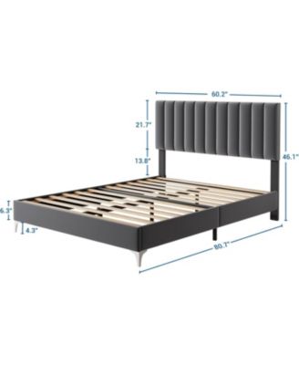 Queen Velvet Adjustable Platform Bed with Headboard, Strong Wood Slats, Noise-Free, No Box Spring, Dark Grey