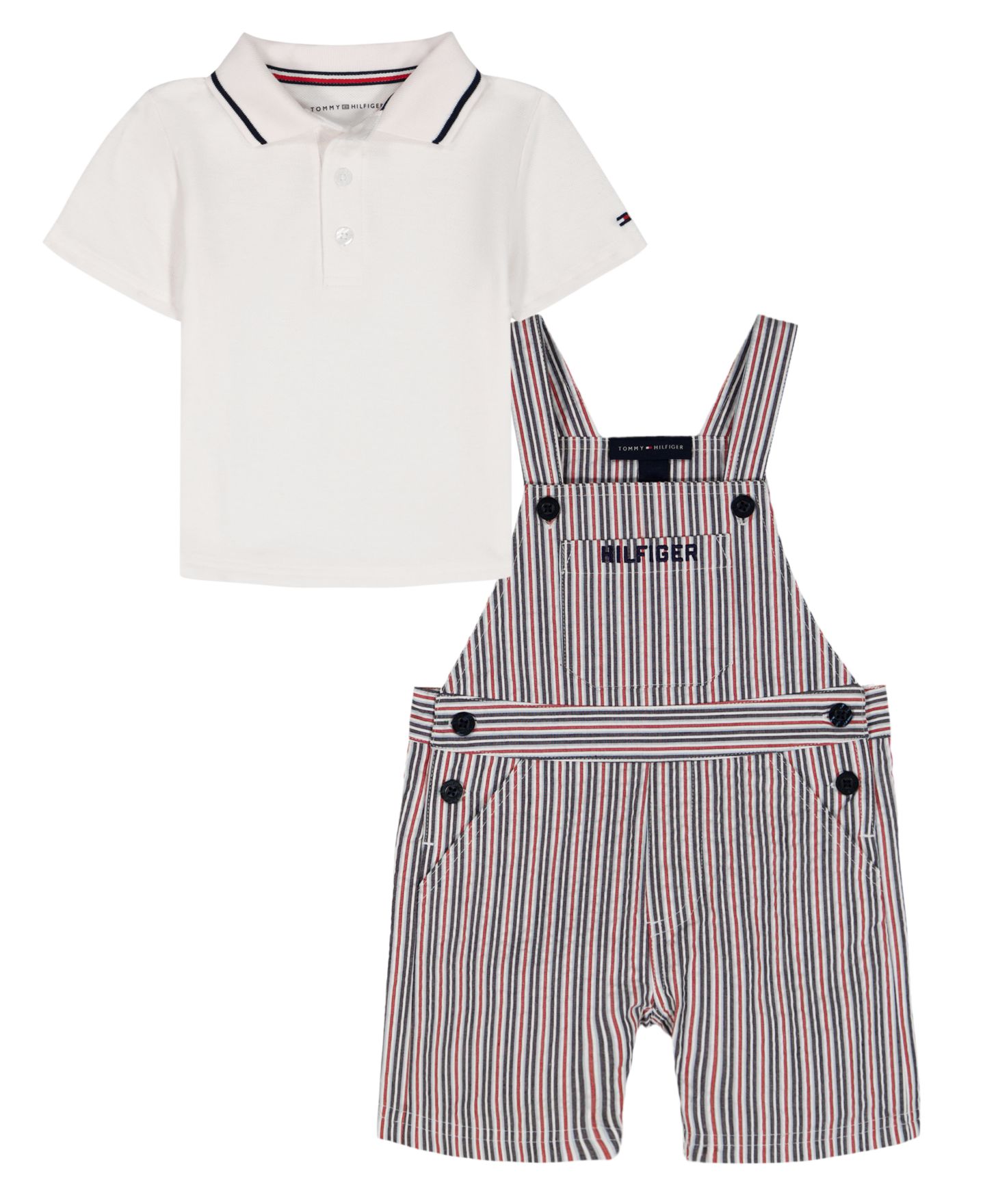 Комплект Tommy Hilfiger Polo Collared T-Shirt and Seersucker Stripe Shortalls, 2-Piece Set для мальчиков-малышей, цвет: Тёмно-синий / Белый — фото 1