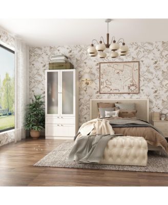 Wardrobe Closet with 2 Glass Doors & 2 Drawers, Wardrobe Closet Armoire with Hanging Rod