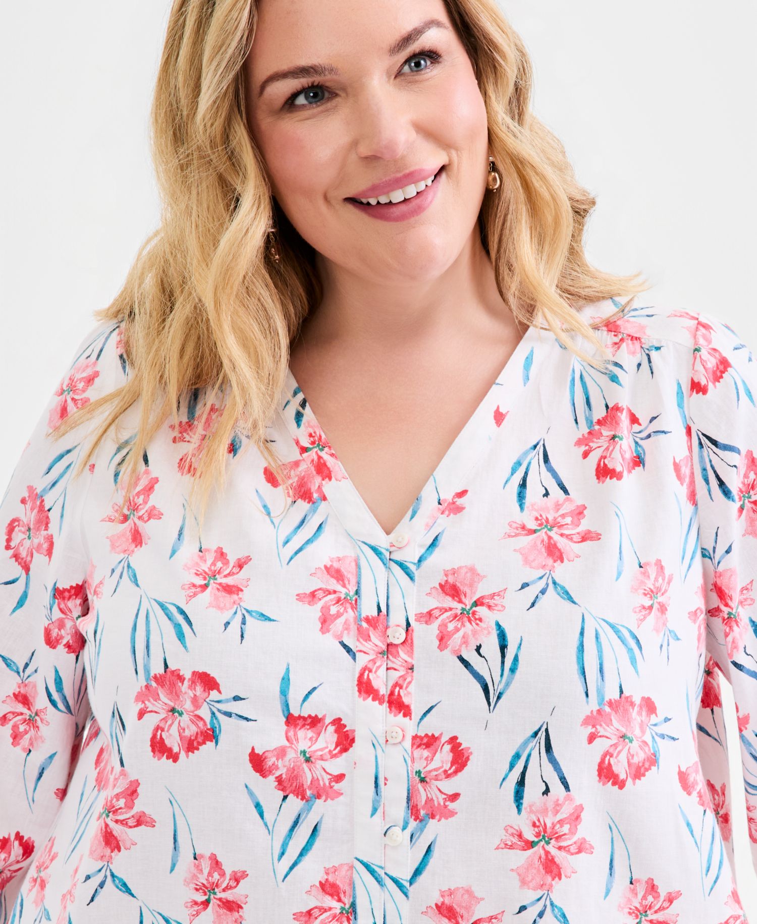 Plus Size Printed 3/4-Sleeve Linen Blend Blouse