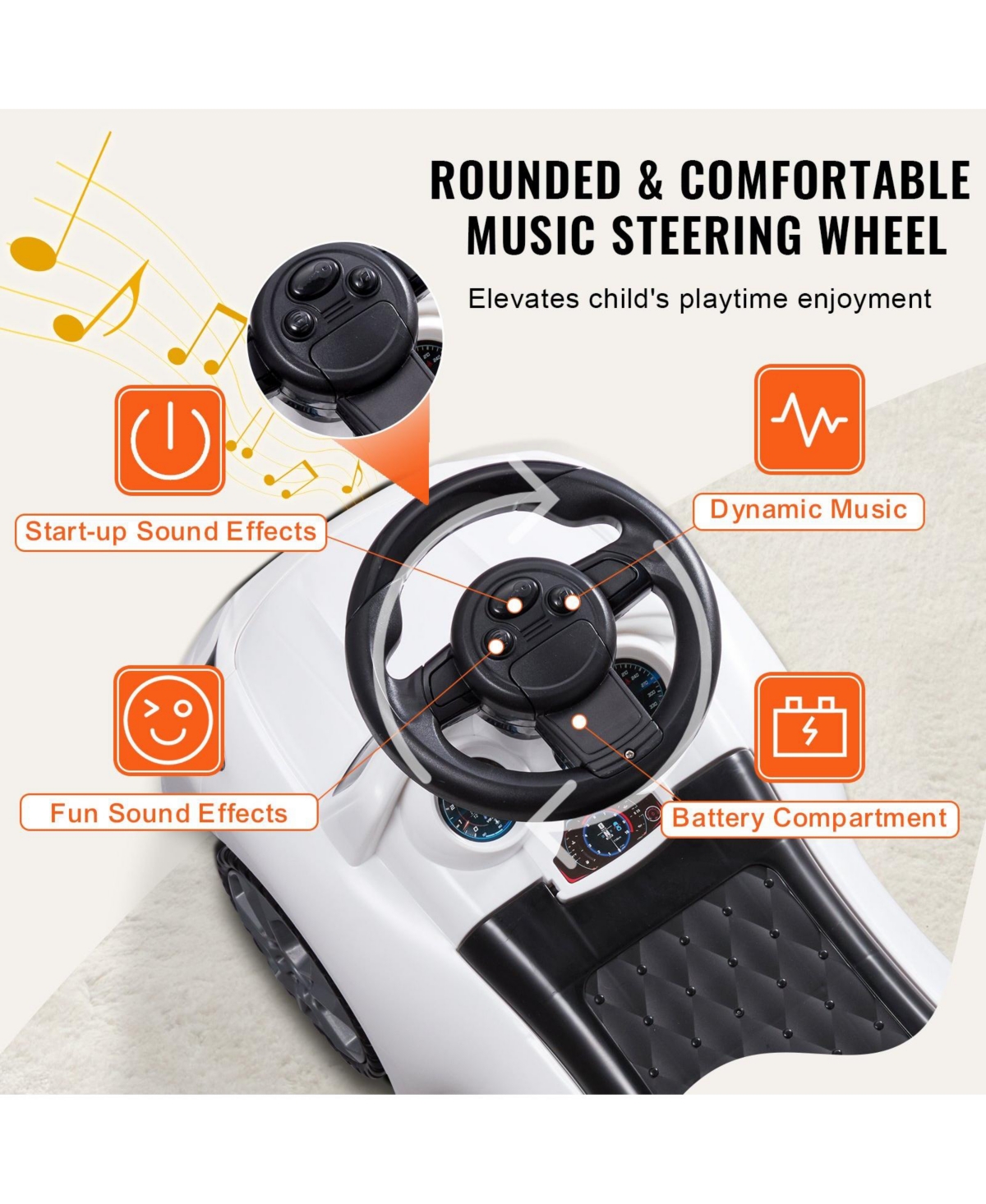 Sugift White Ride On Push Car with Music & Storage, Ages 1-3