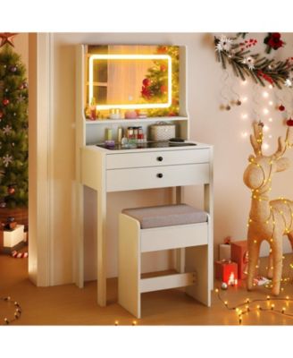 Small Vanity Desk with Lighted Mirror and Lights for Bedroom, Makeup Table