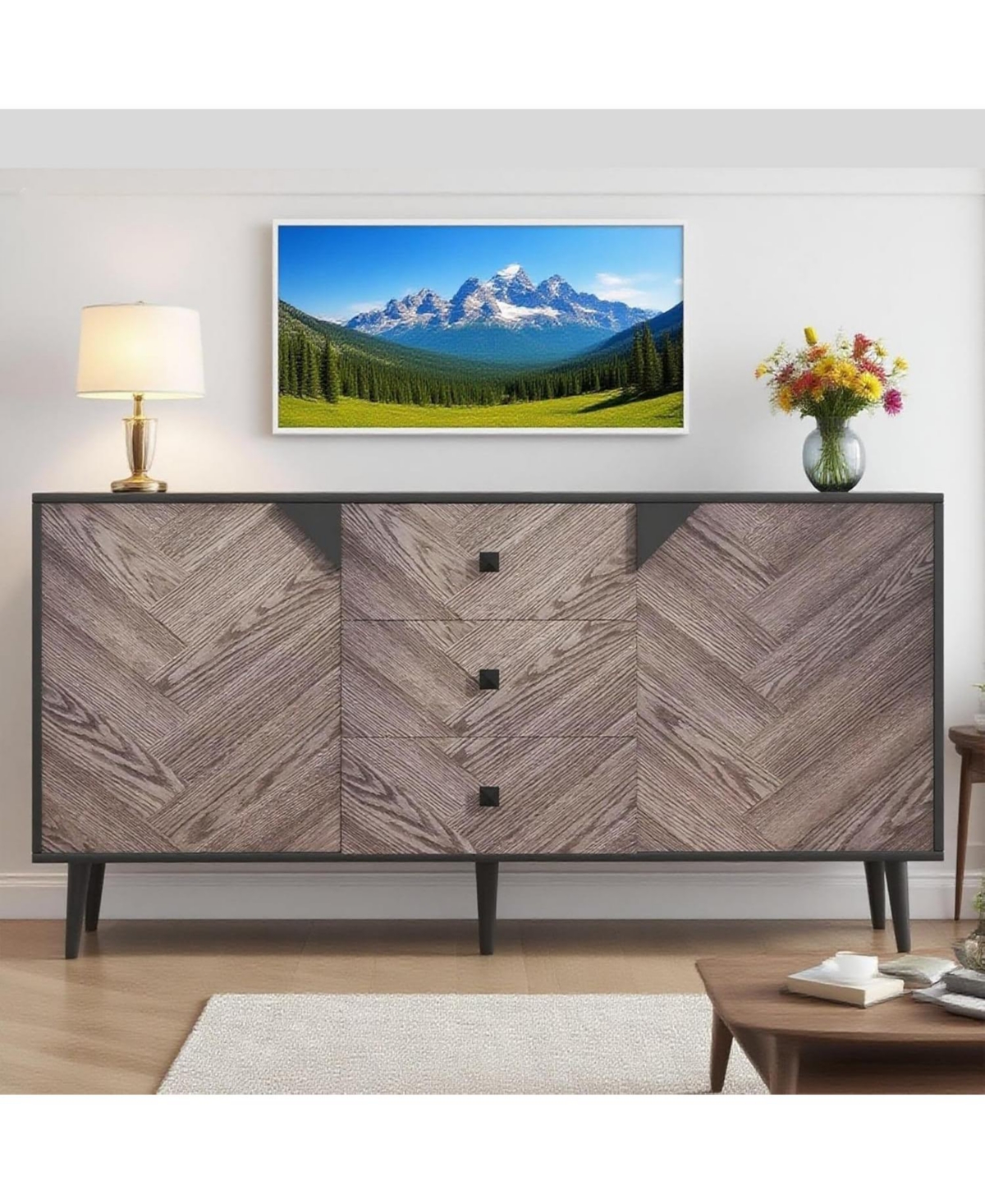 Gaomon 55.1" sideboard buffet with storage, 3 drawers, adjustable shelf and doors; modern freestanding accent cabinet for dining