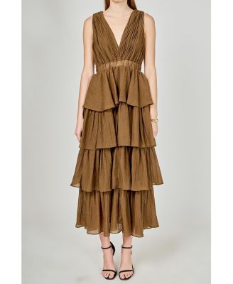 Women's Crinkled Deep V Tiered Maxi Dress