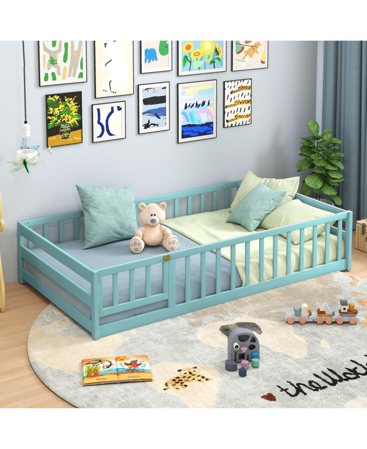 Twin Kids Wood Montessori Floor Bed with Door and Fence