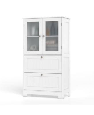 Freestanding Bathroom Storage Cabinet with 2 Drawers and 2 Frosted Glass Doors