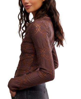 Women's Button-Front Long Sleeve Lace Top