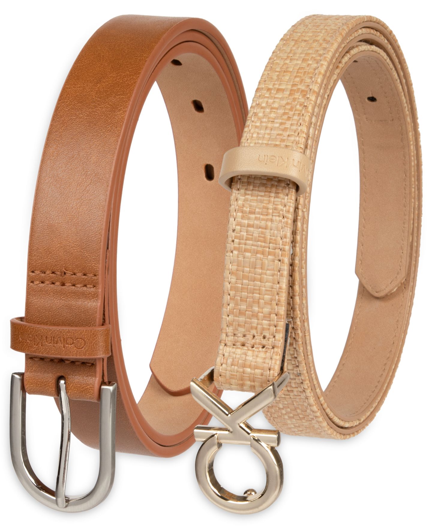 Женские ремни Calvin Klein Two Pack Belt Set - Skinny Monogram Buckle Belt and Harness Buckle Belt Set, цвет: Коньячный / Натуральный — фото 7
