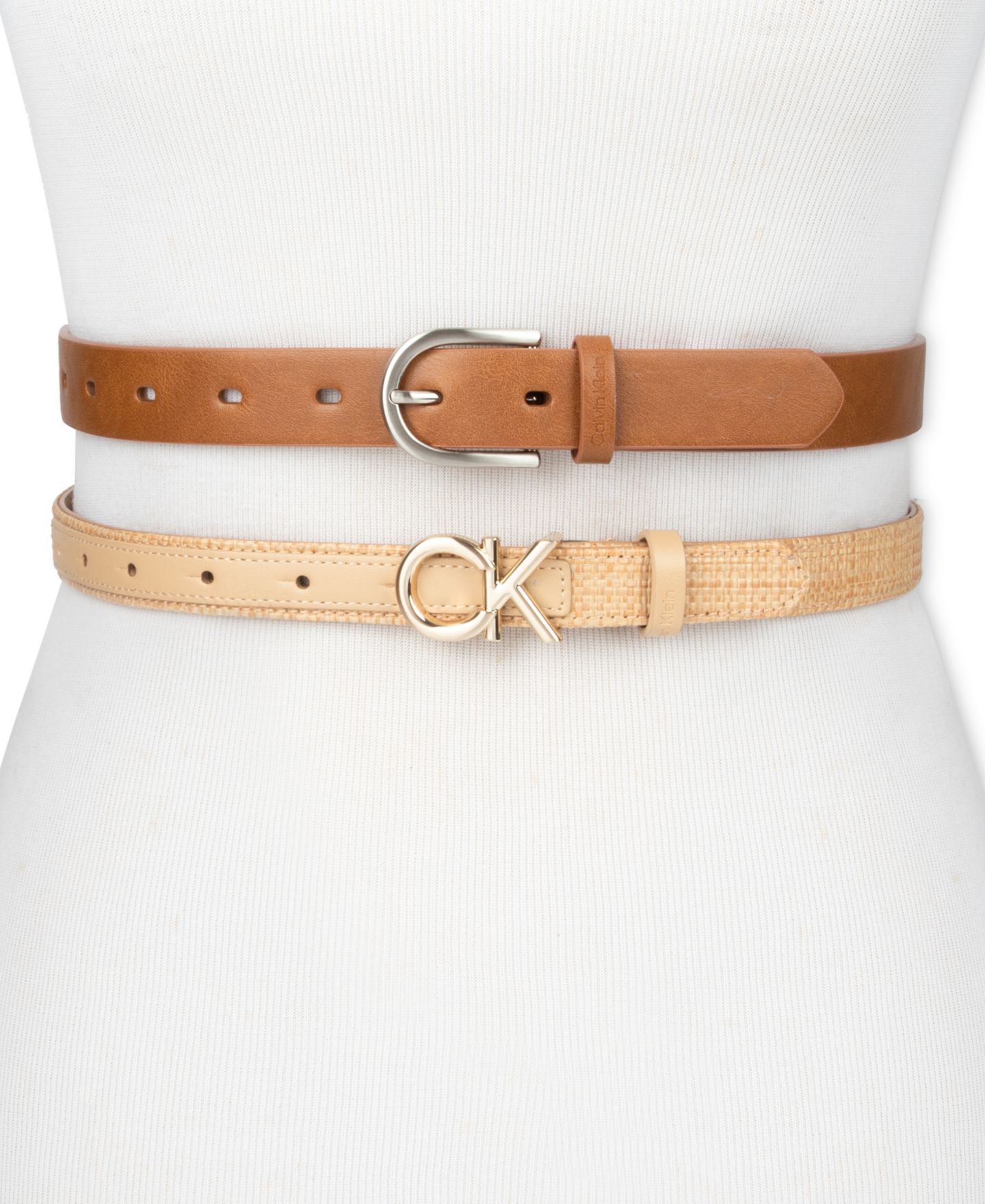 Женские ремни Calvin Klein Two Pack Belt Set - Skinny Monogram Buckle Belt and Harness Buckle Belt Set, цвет: Коньячный / Натуральный — фото 9