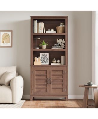 Bookcase with Door 5 Tier Storage Bookshelf Wooden Farmhouse Bookshelves Rustic Vintage Etagere Walnut for Home Office,Living Room