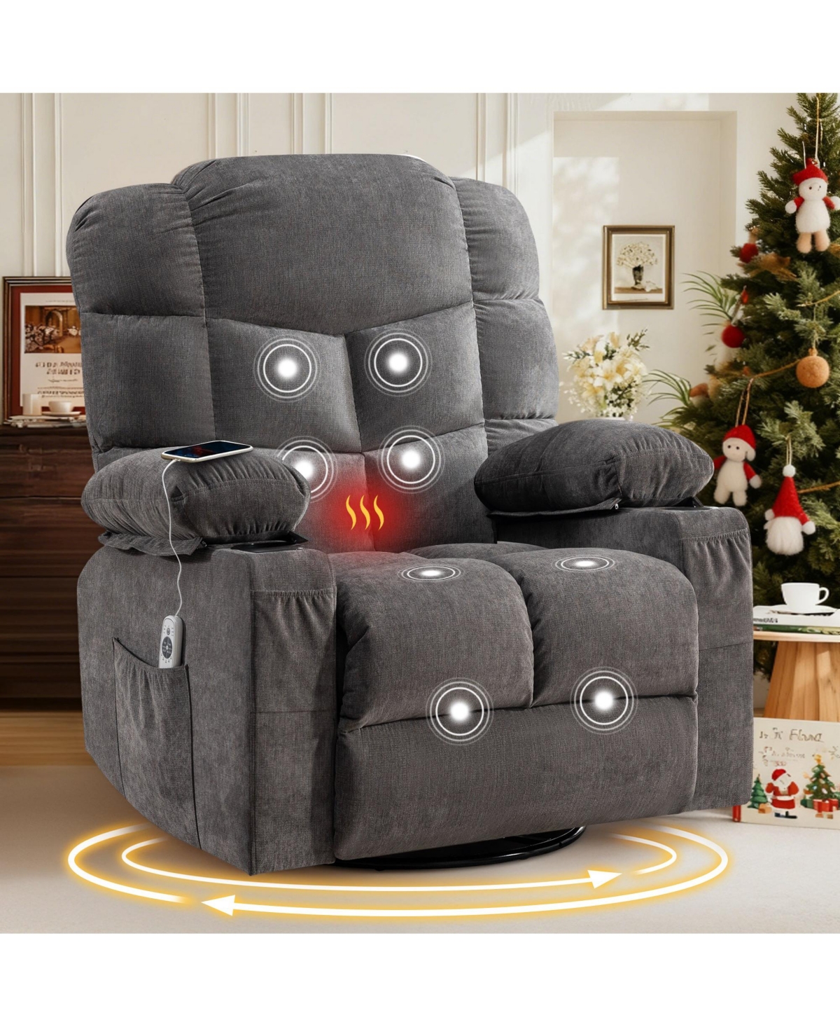 Clihome Oversized Massage Swivel Recliner Chair with Lumbar Heating for Living Room Rocker Recliner with Cup Holders and Usb Charge