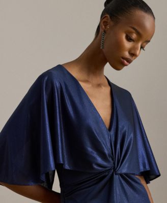 Women's Metallic Jersey Twist-Front Cape Gown