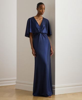 Women's Metallic Jersey Twist-Front Cape Gown