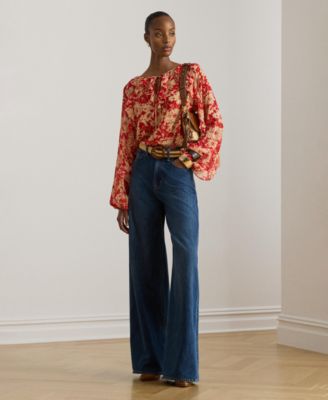 Women's Floral Ruffle Trim Split Neck Top