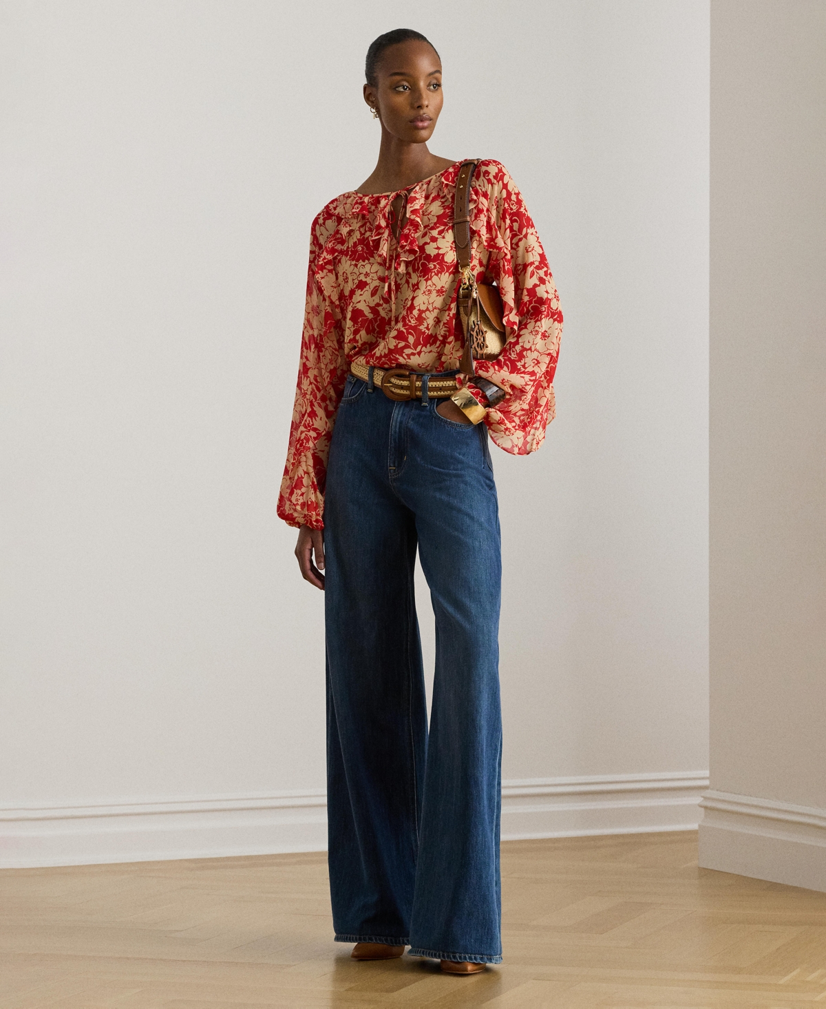 Lauren Ralph Women's Floral Ruffle Trim Split Neck Top