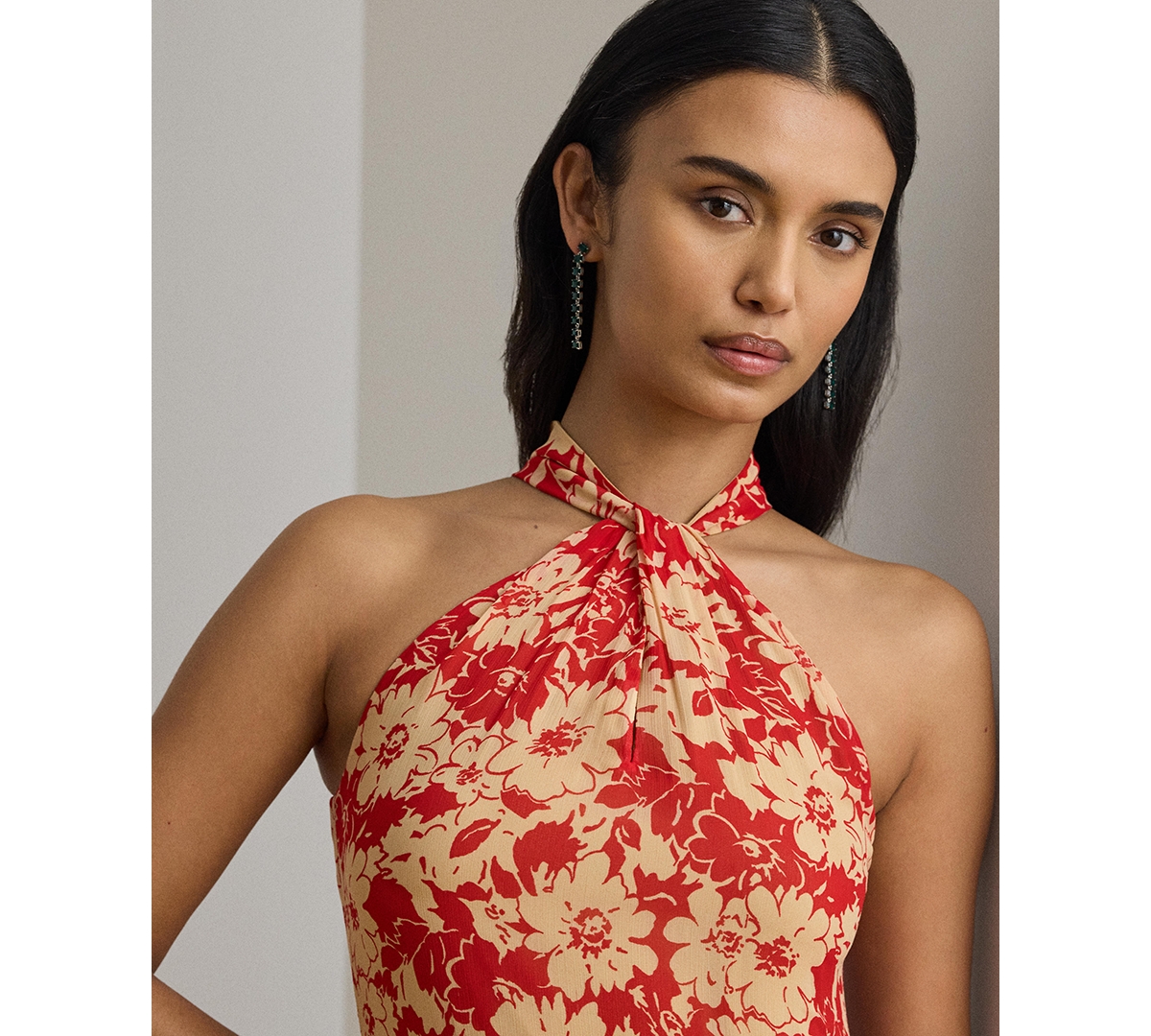 Lauren Ralph Women's Floral Ruffle-Trim Georgette Halter Gown