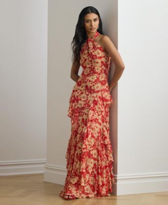 Women's  Floral Ruffle-Trim Georgette Halter Gown