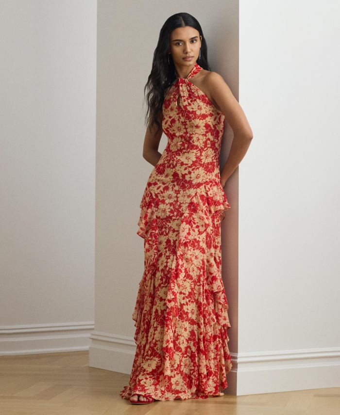 Lauren Ralph Lauren Women's Floral Ruffle-Trim Georgette Halter Gown
