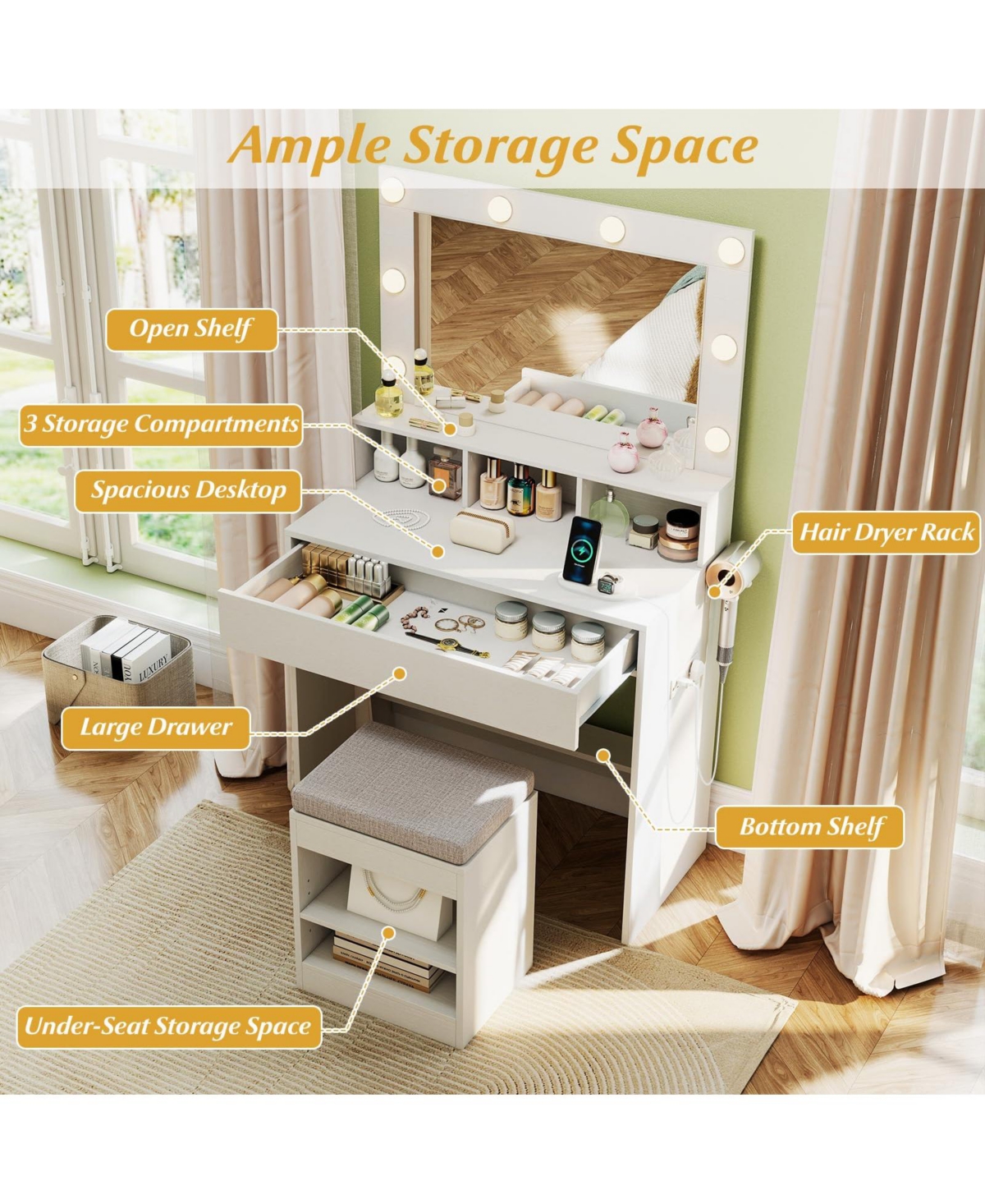 Volenca 31.5" Vanity Desk with Lighted Mirror, 3 Lighting Modes, and Storage Shelves