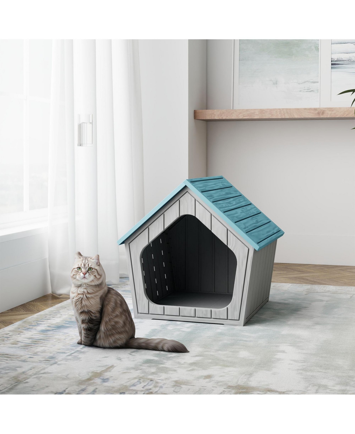 Decksplore Durable Mdf Structure Foldable Indoor Cat House Blue with Scratch Pad for Multi-Cats