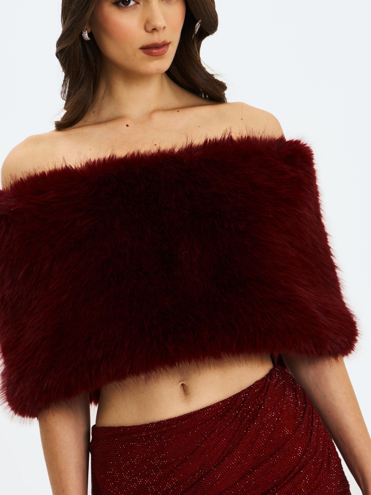 Miss Circle Women's Darla Burgundy Faux Fur Off-Shoulder Cropped Top