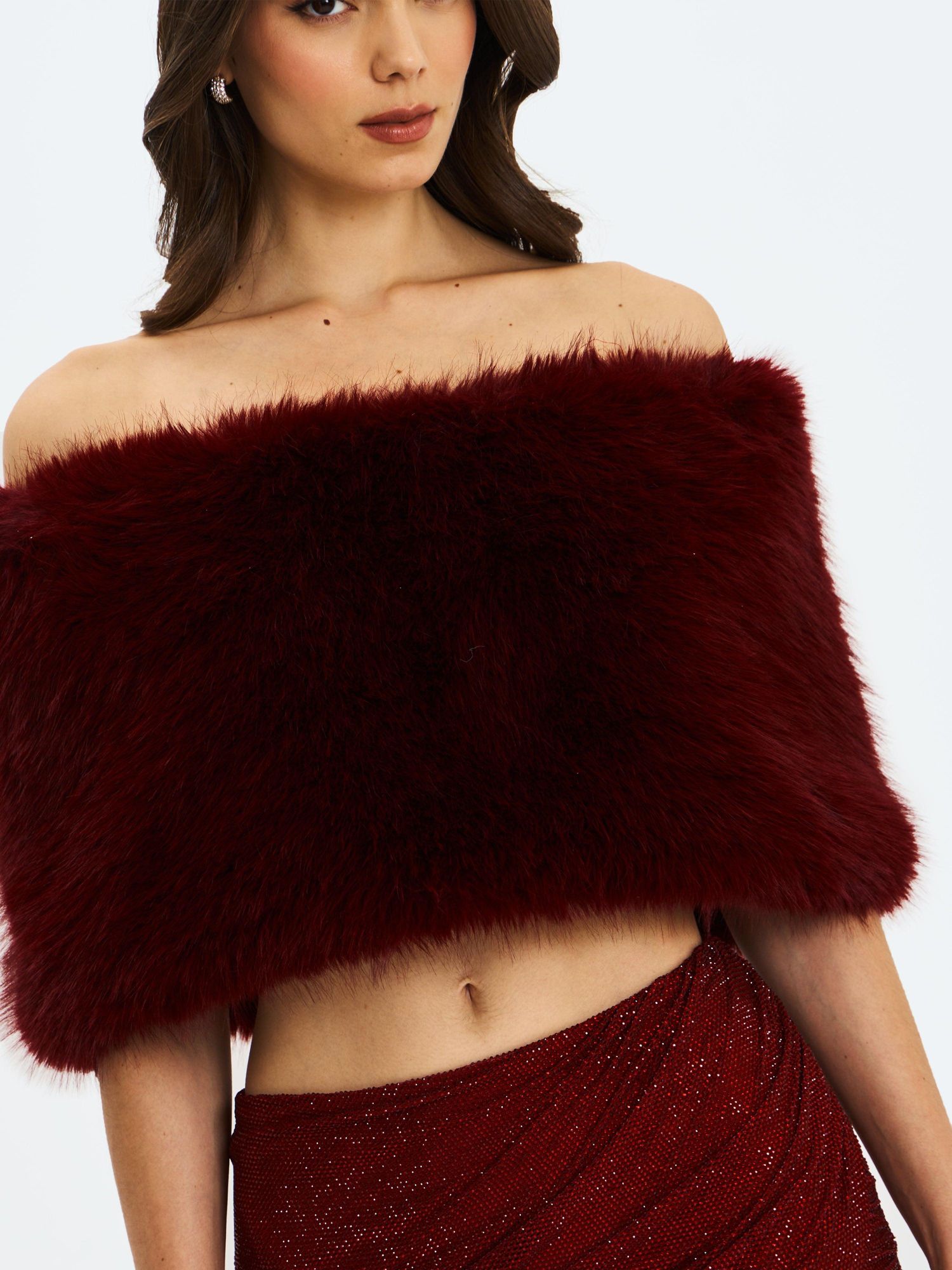Women's Darla Burgundy Faux Fur Off-Shoulder Cropped Top