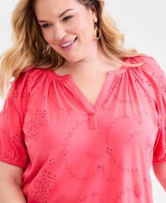 Plus Size Short-Sleeve Eyelet Top