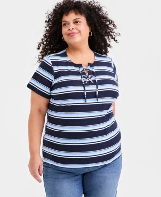 Plus Size Striped Lace-Up Short-Sleeve Top