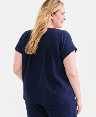 Plus Size Solid V-Neck Camp Shirt, Macy's  Exclusive