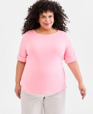 Plus Size Boat-Neck Elbow Sleeve Cotton Top