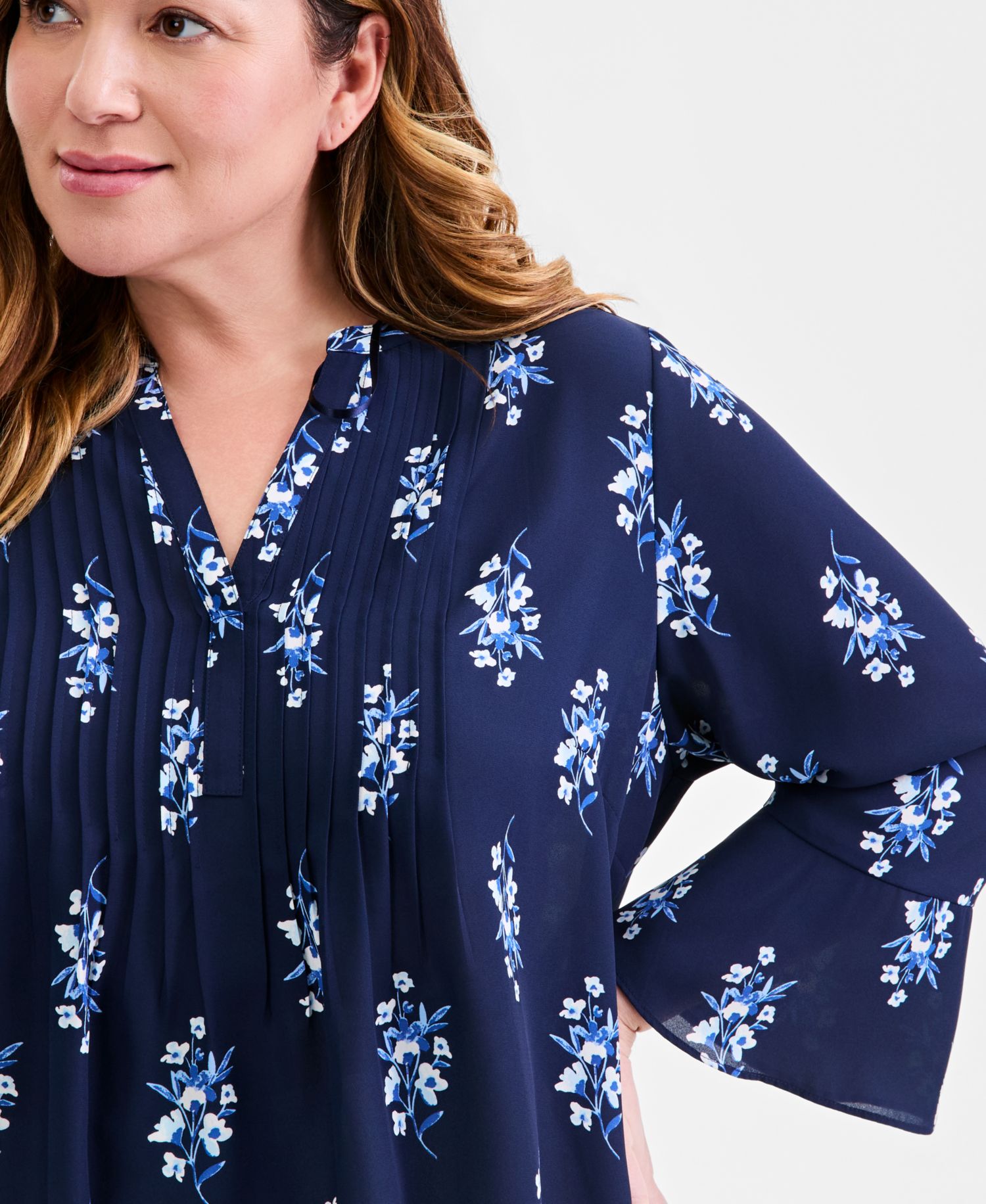 Plus Size Printed Pintuck Bell-Sleeve Top