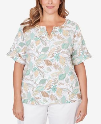 Plus Size Printed Elbow Sleeve Banded V-Notch Top