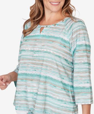 Plus Size Printed Slub 3/4 Sleeve Blouson Top
