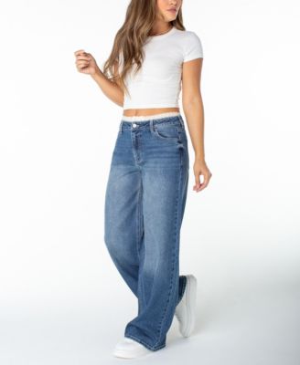 Juniors' Lace-Trim Wide-Leg Baggy Jeans