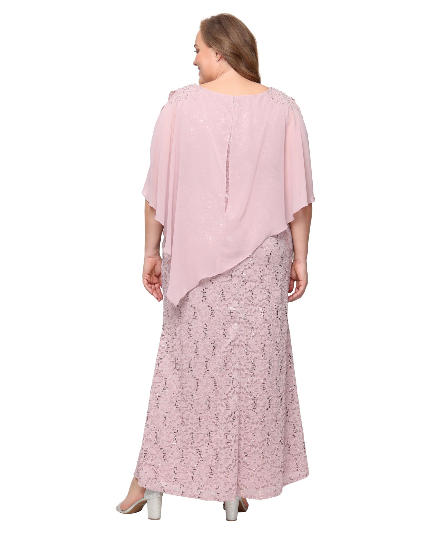 Plus Round-Neck Sequin Lace Cape Dress