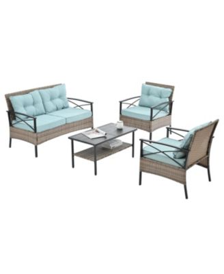 4 Piece PE Wicker Patio Furniture Set 2 Single Chairs 2 Seater Sofa with Black Metal Table Water UV Resistant Cushions