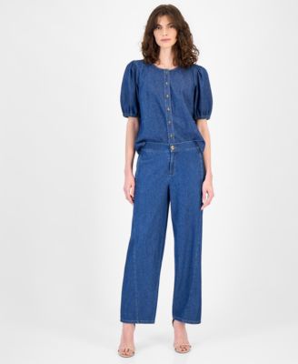 Women's Cotton Gathered Button-Front Denim Blouse