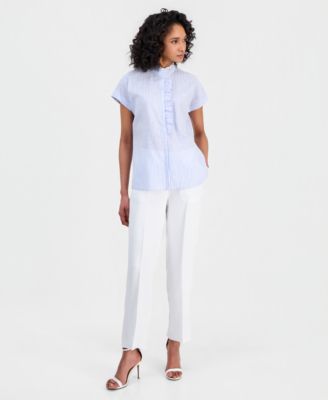 Women's Striped Ruffled-Neck Button-Front Blouse