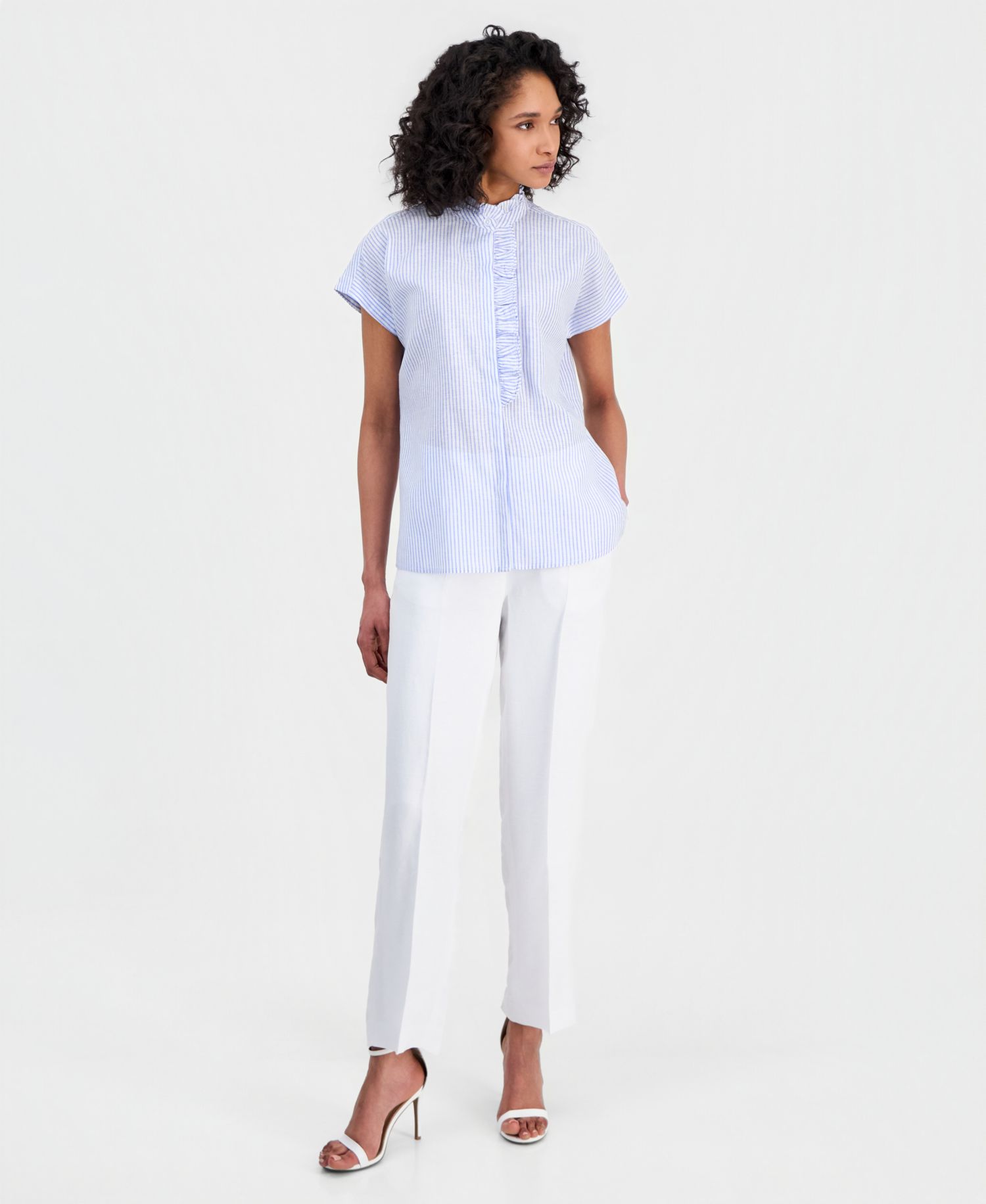 Petite Striped Ruffled-Neck Button-Front Blouse