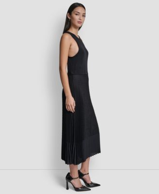 Women's Pleated Crewneck Window Pane Dress