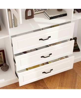 Kitchen Storage Cabinet with Glass Doors, Kitchen Pantry Cabinet with Shelves & 3 Drawers