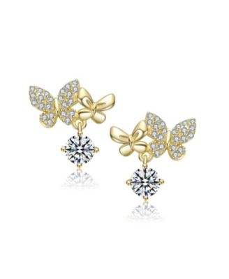 Round CZ Double Butterfly Stud Earrings in 14K Gold Plated