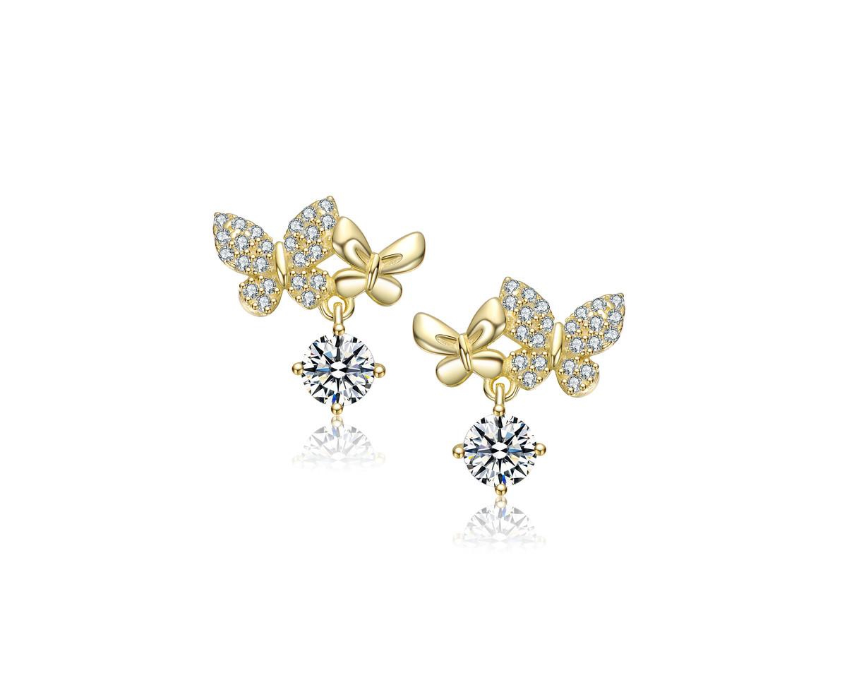 Rachel Glauber Round Cz Double Butterfly Stud Earrings in 14K Gold Plated