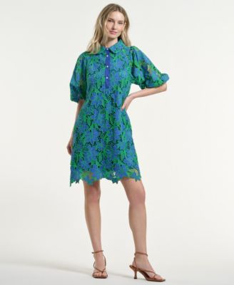 Women's Eyelet Blouson Collared Neck Dress