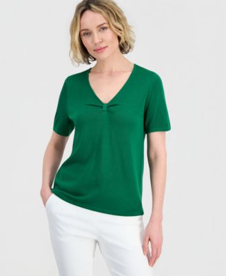 Women's Gathered V-Neck Short-Sleeve Sweater