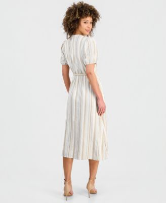 Women's Striped Puff-Sleeve Midi Shirtdress
