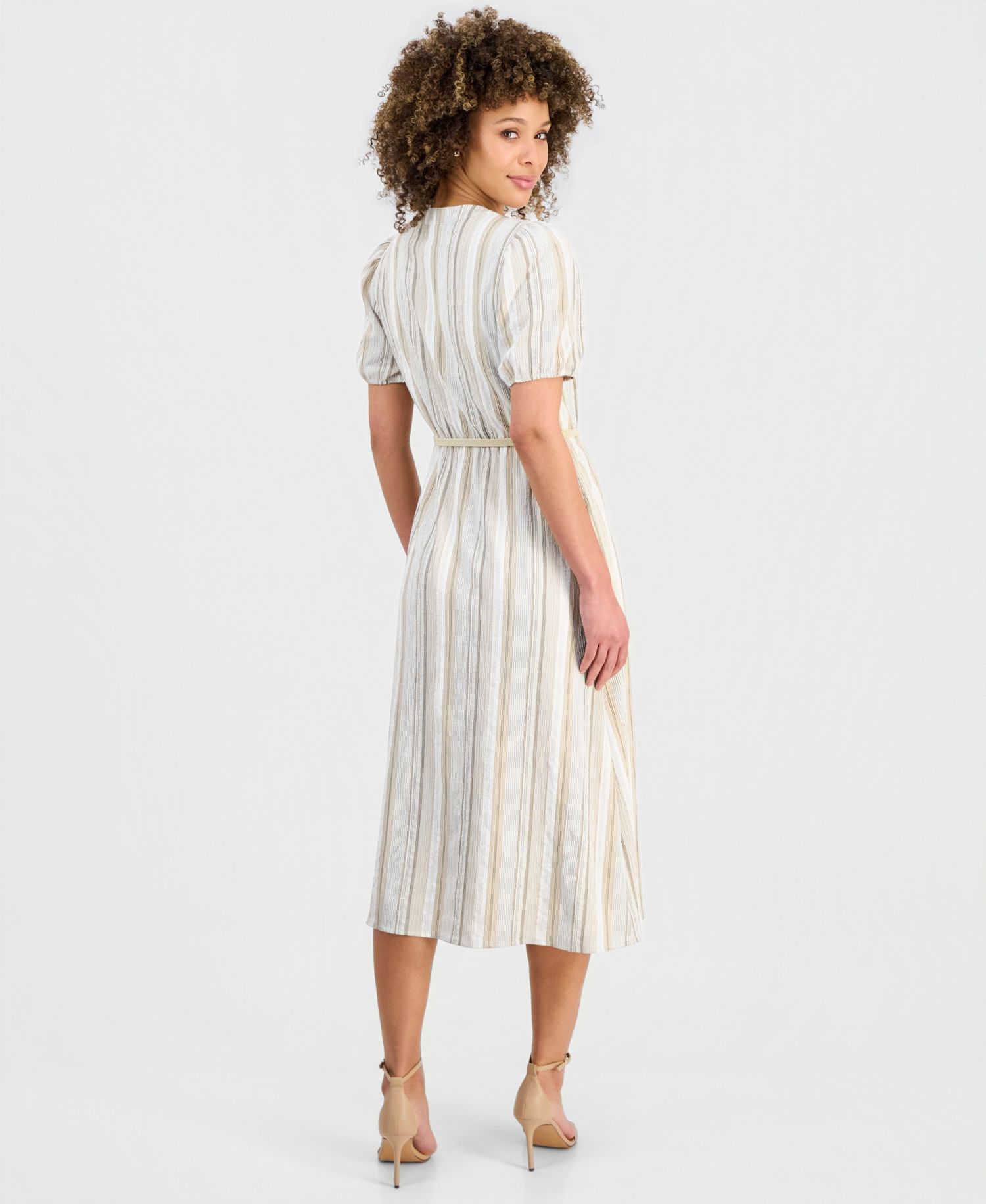Petite Striped Puff-Sleeve Midi Shirtdress
